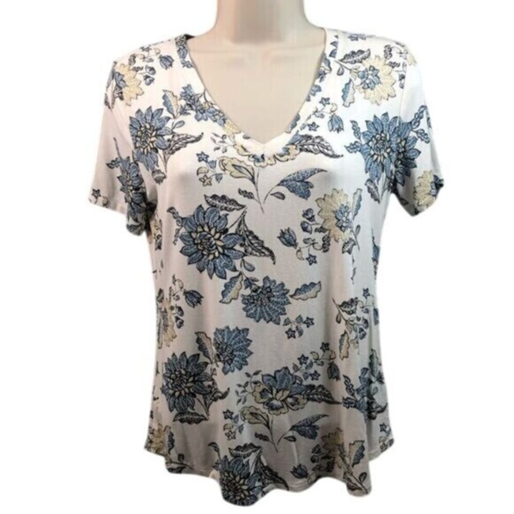 Floral Print V Neck T Shirt Top‎ Blue Beige Short Sleeve Casual